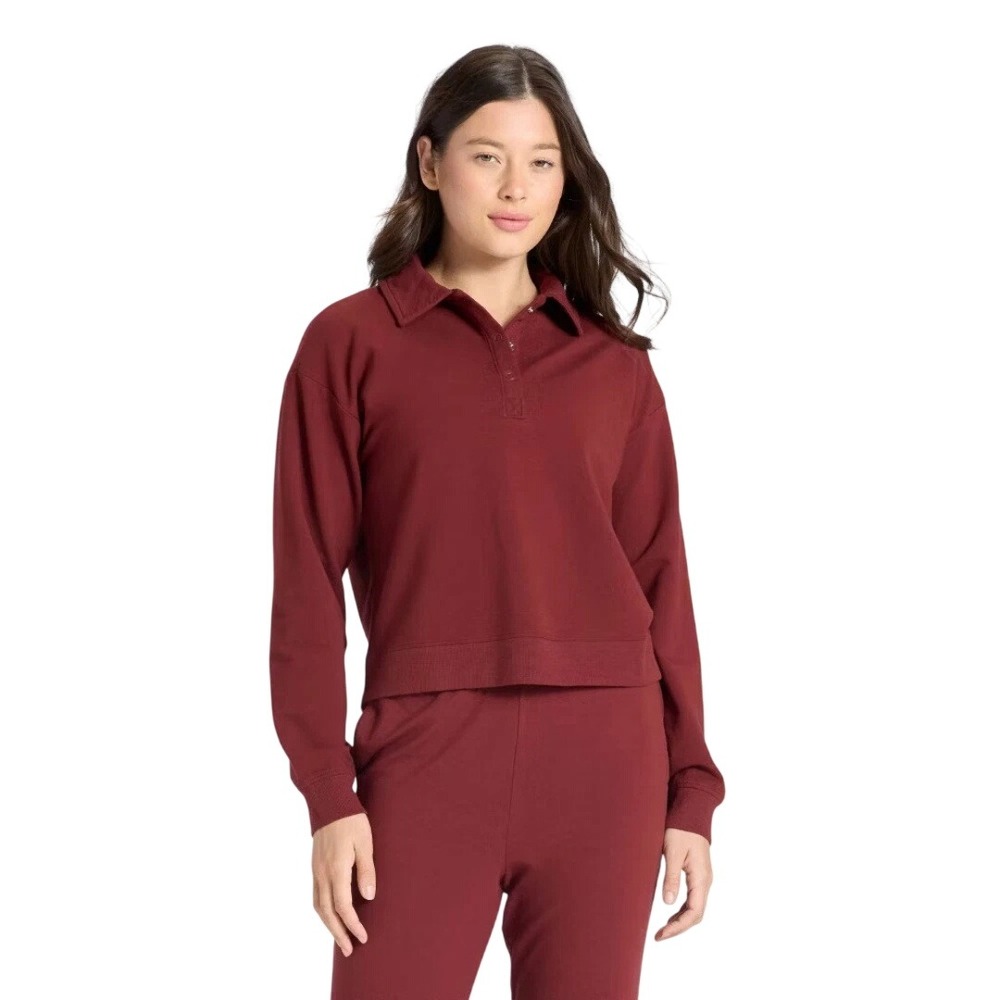 All in Motion Women Maroon Snap Collar French Terry Polo Sweatshirt Size M